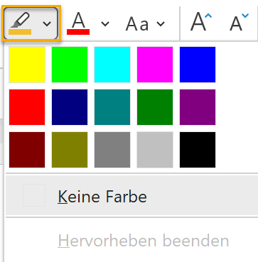 Screenshot des aufgeklappten Menüs beim Texthervorhebungswerkzeug in PowerPoint. Markiert ist das Icon des Texthervorhebungswerkzeugs (Stift auf farbiger Linie). Die Linie hat die Farbe, die zuletzt bei den zuletzt verwendeten Farben zu sehen war.