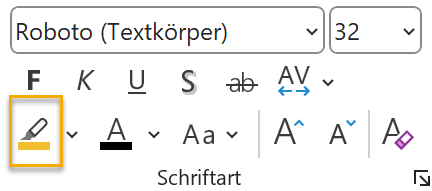 Screenshot der Gruppe Schriftart auf der Registerkarte Start in PowerPoint. Markiert ist das Icon mit dem Stift auf einer farbigen Linie unten links.