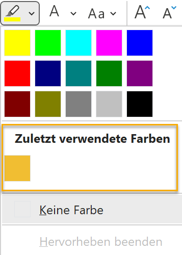 Screenshot des aufgeklappten Menüs beim Texthervorhebungswerkzeug in PowerPoint; zwischen den Farbfeldern und dem Menüpunkt Keine Farbe gibt es jetzt einen Bereich mit der Überschrift Zuletzt verwendete Farben, in dem sich ein Farbfeld befindet.