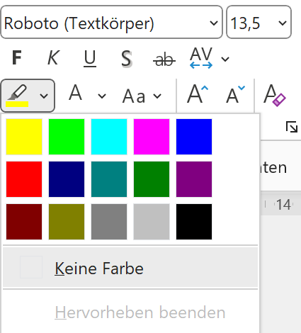 Screenshot des aufgeklappten Menüs beim Werkzeug Texthervorhebungsfarbe in PowerPoint. Zu sehen sind sehr bunte Farbfelder, der Punkt keine Farbe und ein ausgegrauter Punkt Hervorhebung beenden.