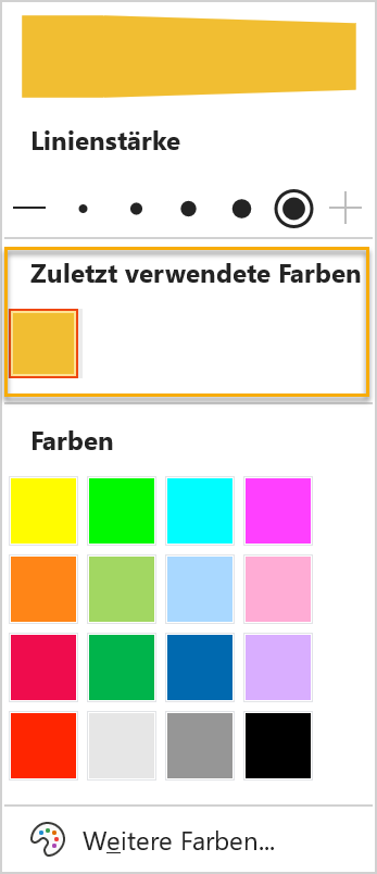 Screenshot des aufgeklappten Textmarker-Menüs in PowerPoint. Zwischen den Linienstärken und den Farbfeldern gibt es nunmehr den Abschnitt Zuletzt verwendete Farben mit einem Farbfeld.