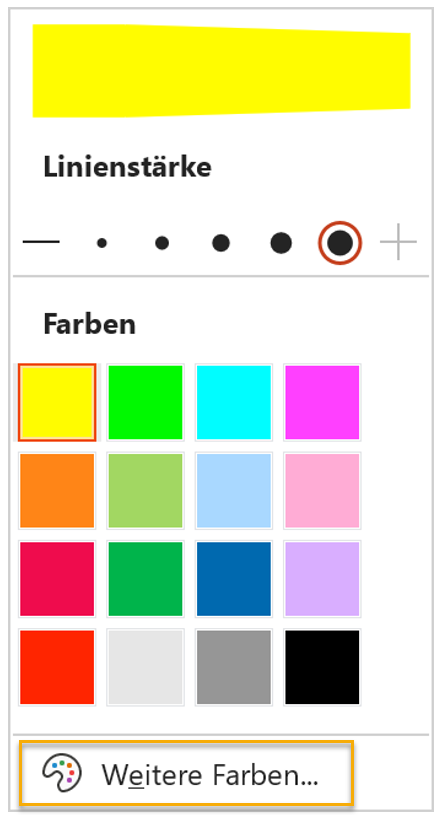 Screenshot des aufgeklappten Textmarker-Menüs in PowerPoint. Markiert ist unter den Farbfeldern der Menüpunkt Weitere Farben.