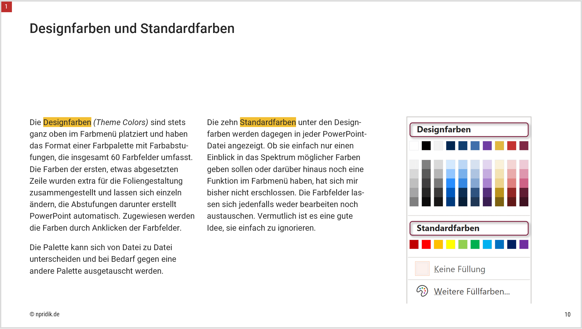Auf der Seite mit dem Titel Designfarben und Standardfarben ist am Anfang der beiden Textspalten das Wort Designfarben bzw. Standardfarben farblich markiert.