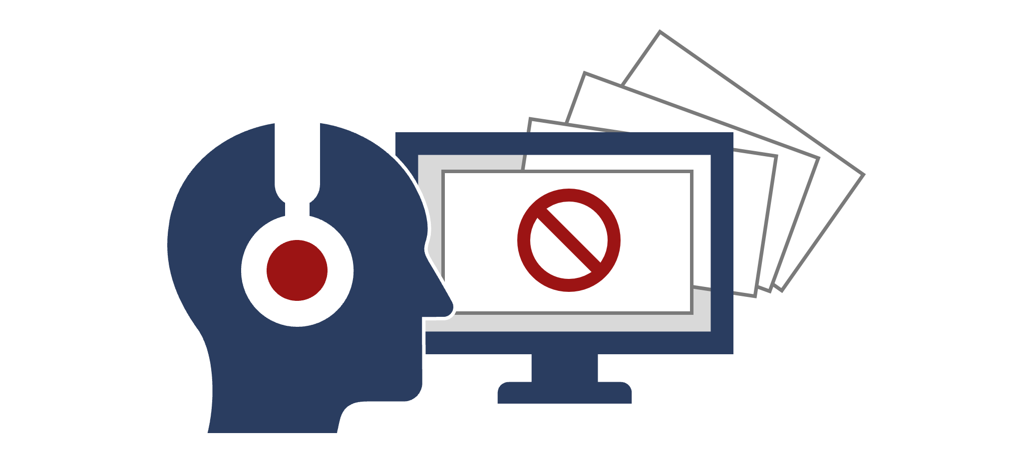 Grafik eines stilisierten Kopfes mit Kopfhörer im Profil vor einem Computerbildschirm mit PowerPoint-Folien. Auf der ersten Folie weist ein durchgestrichener roter Kreis darauf hin, dass Inhalte nicht gesehen werden können.