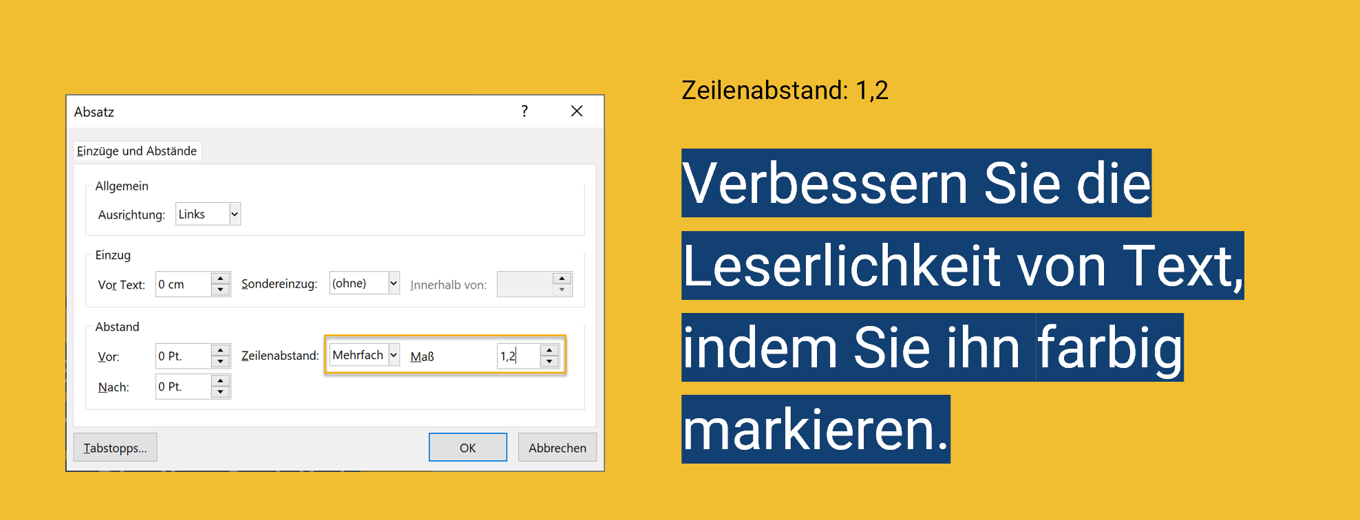 Dunkelblau unterlegter weißer Text "Verbessern Sie die Leserlichkeit von Text, indem Sei ihn farbig markieren" auf einem okkafarbenen Hintergrund mit Zeilenabstand 1,2. Die blaue Unterlegung erscheint diesmal in Form farbiger Balken für jede Zeile. Neben dem Text befindet sich ein Screenshot mit dem Absatzdialog, in dem bei Zeilenabstand Mehrfach und 1,2 eingestellt ist.