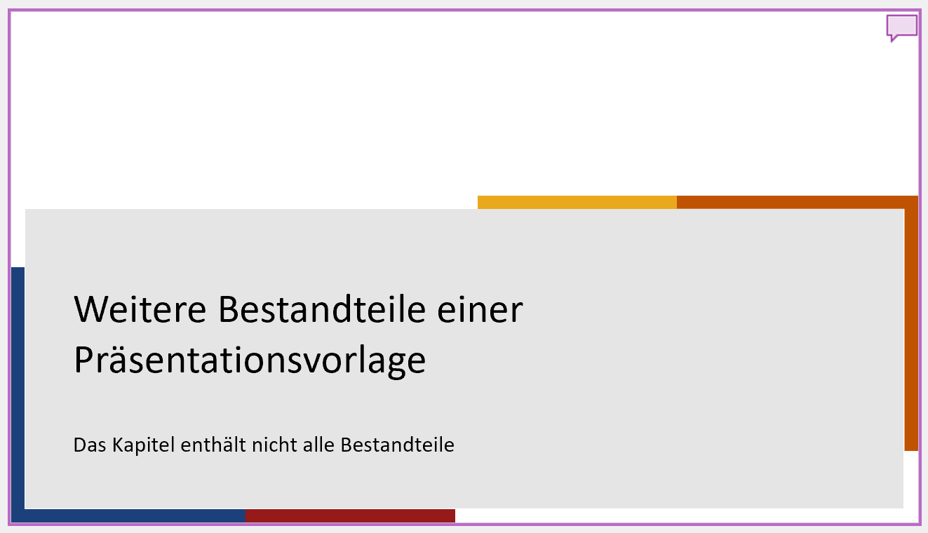 Screenshot einer PowerPoint-Kapitelfolie, die mit einem violetten Rahmen markiert ist, in der rechten oberen Ecke befindet sich ein kleines violettes Sprechblasen-Icon.