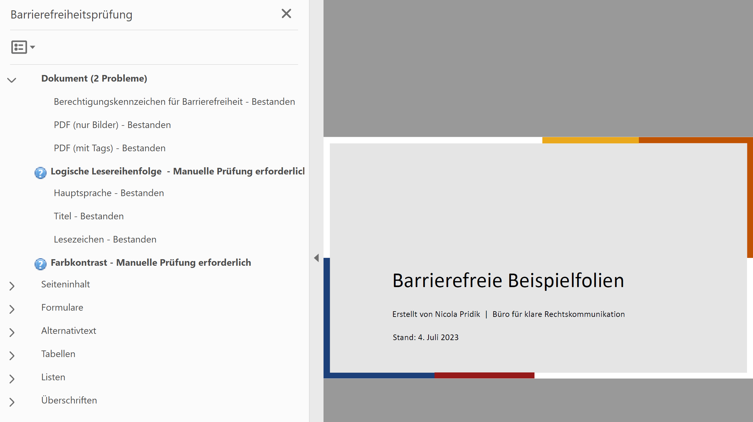Screenshot des Ergebnisses der Barrierefreiheitsprüfung in Adobe Acrobat; angezeigt werden neben grünen Haken zwei Hinweise darauf, dass die Farbkontraste und Lesereihenfolge manuell zu prüfen sind