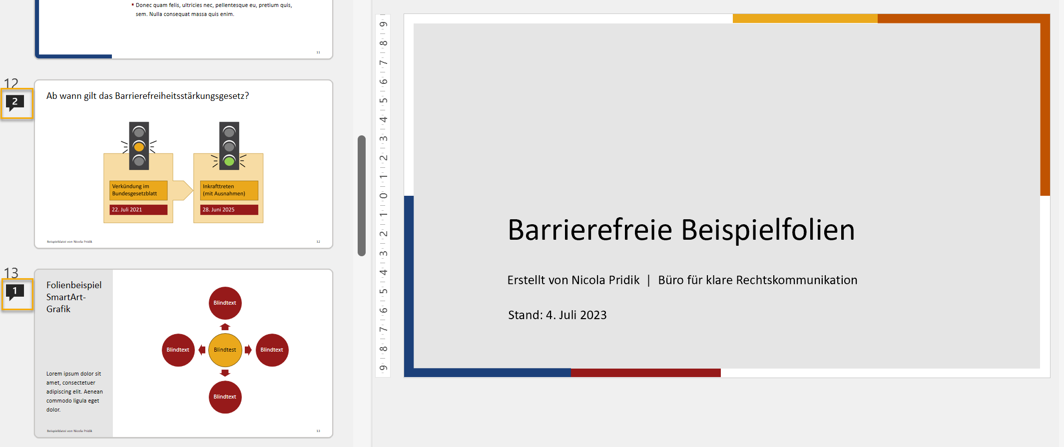 Screenshot aus der Normalansicht in PowerPoint; zu sehen sind die große Folie und links daneben zwei kleine Vorschaufolien. Links neben den Vorschaufolien sind unter der Folien-Zählung kleine schwarze Sprechblasen-Icons zu sehen. In dem einen steht eine 2, in dem anderen eine 1. Die Sprechblasen sind beide markiert.