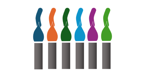 Grafik von sechs Pinseln mit den Farben der neuen Office-Designfarbpalette