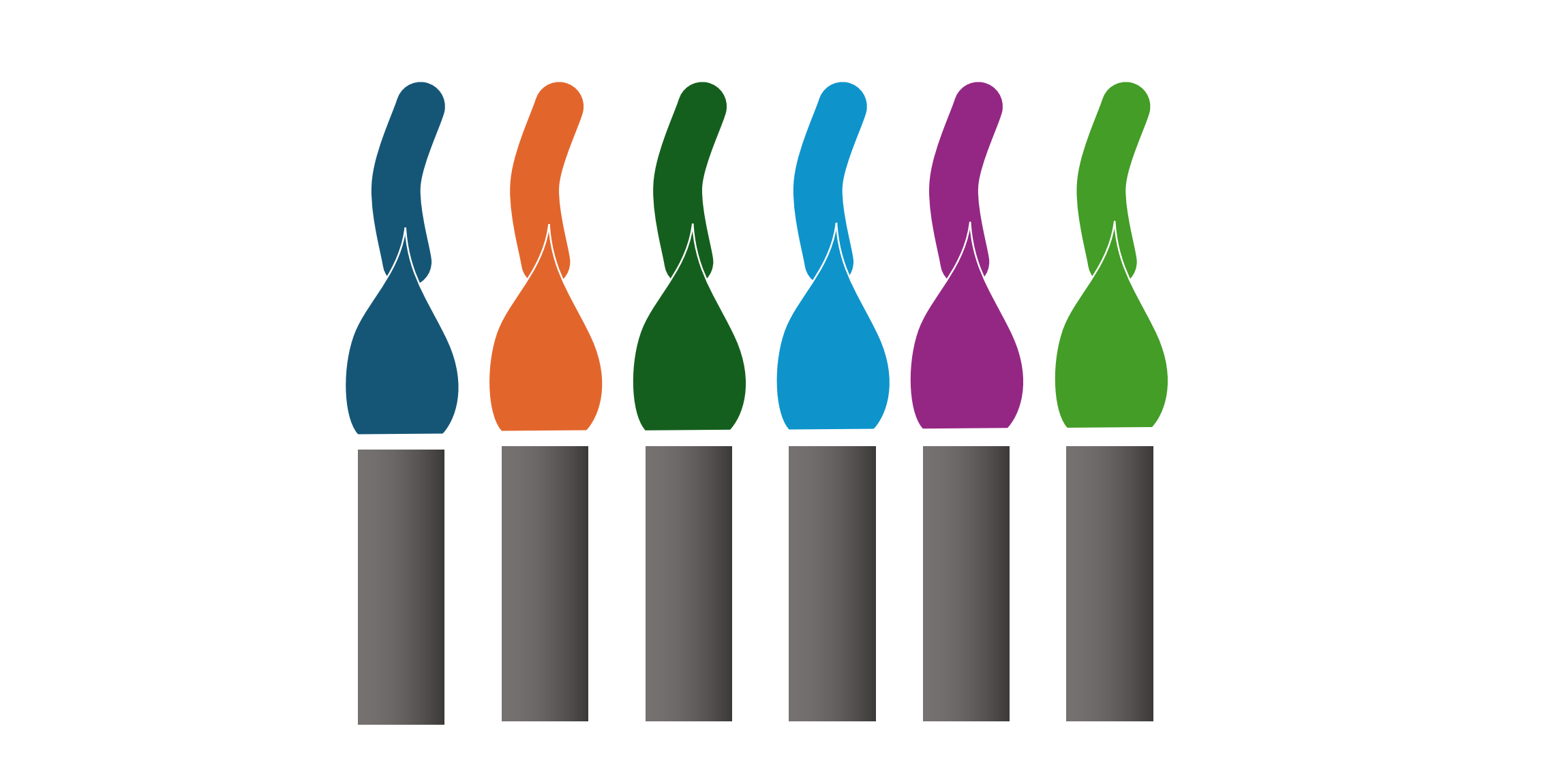 Grafik von sechs Pinseln mit den Farben der neuen Office-Designfarbpalette