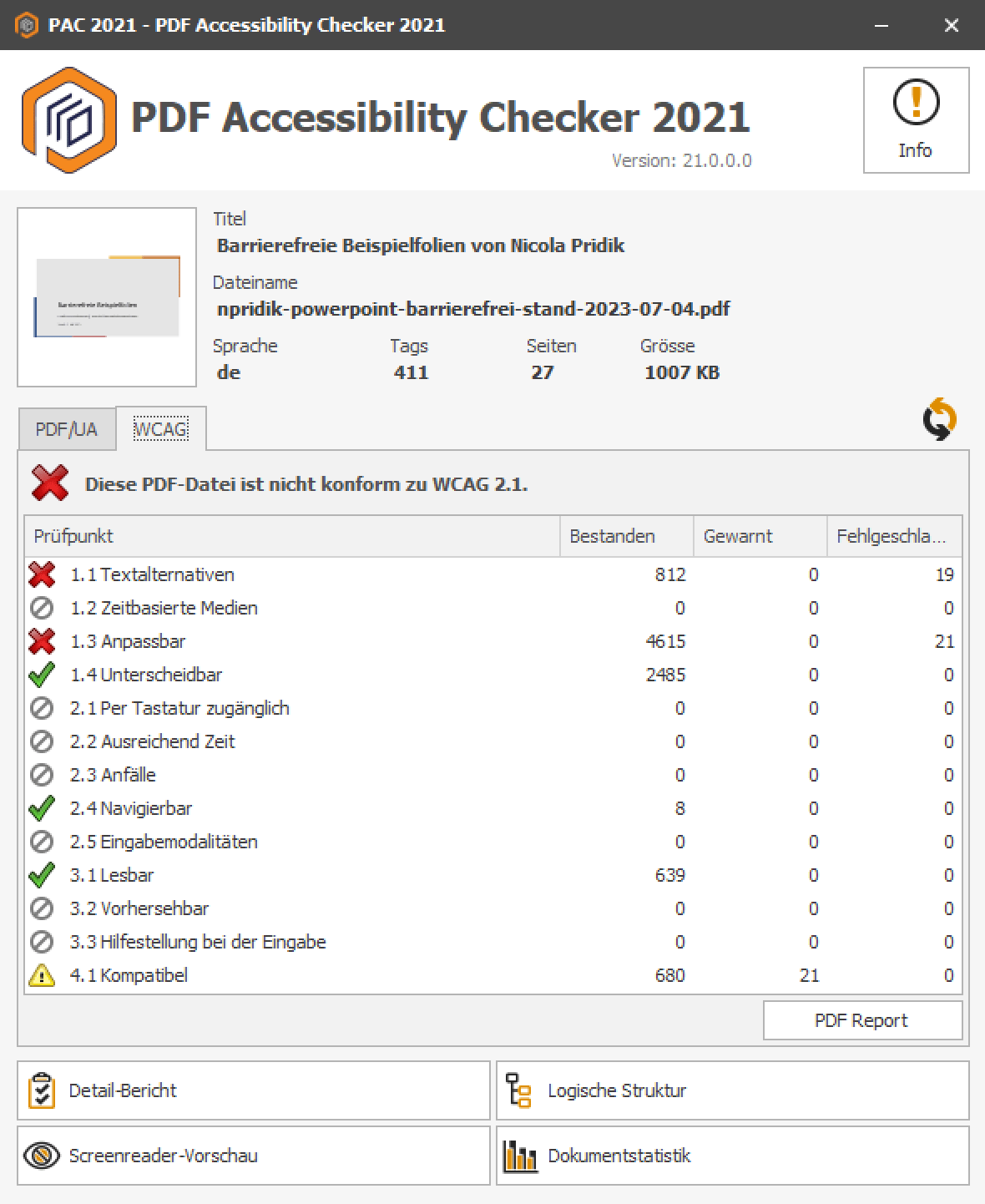 Screenshot des WCAG-Ergebnisses der Barrierefreiheitsprüfung im PDF Accessibility Checker 2021; Rote Kreuze gibt es bei Textalternativen und dem Punkt Anpassbar. Bei Kompatibel ist ein Warndreieck zu sehen. Bei Unterscheidbar, lesbar und navigierbar sind grüne Haken sichtbar. Die Datei ist nicht konform zu WCAG 2.1.