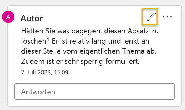 Screenshot eines Kommentars im Kommentarbereich; in der rechten oberen Ecke ist das Stift-Icon markiert.