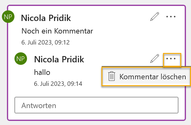 Screenshot eines Kommentars im Kommentarbereich: die kommentierende Person hat auf ihren eigenen Kommentar mit einem Hallo geantwortet. Bei dem Antwort-Kommentar ist das Menü bei den drei Punkten in der rechten oberen Ecke des Kommentars aufgeklappt, in dem sich die Funktion Kommentar löschen befindet. Diese Funktion und die drei Punkte sind markiert.