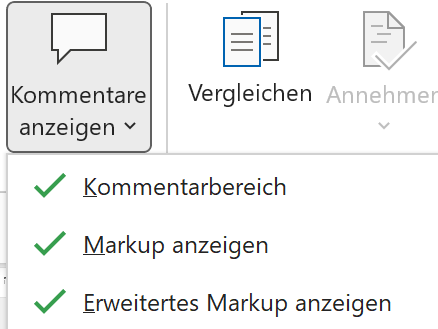 Screenshot des Aufklappmenüs Kommentare anzeigen mit den Punkten Kommentarbereich, Markup anzeigen und Erweitertes Markup anzeigen. Vor allen Punkten befindet ein grüner Haken.