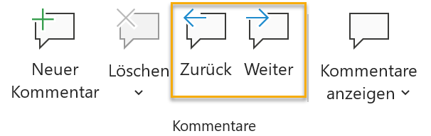 Screenshot der Gruppe Kommentare auf der Registerkarte Überprüfen in PowerPoint mit den Punkten Neuer Kommentar, Löschen, Zurück, Weiter und Kommentare anzeigen. Markiert sind die Punkte Zurück und Weiter.