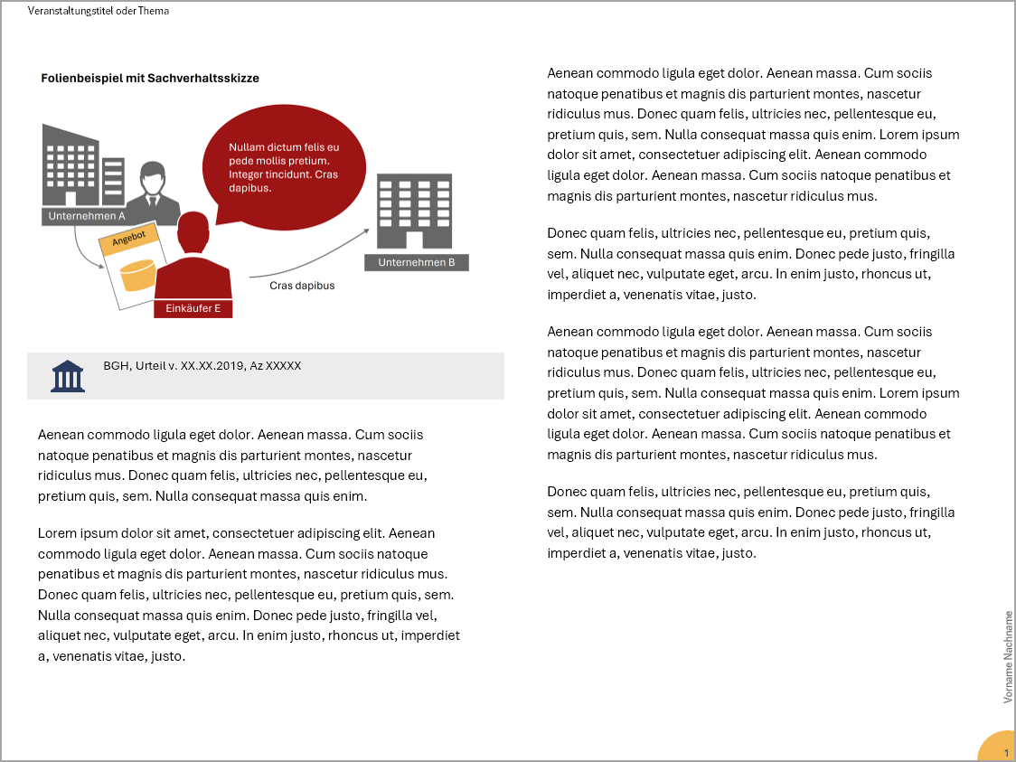 Notizenseite im Querformat in einem zweispaltigen Layout. Auf der linken Seite ist oben das Folienbild mit der Sachverhaltsskizze platziert, darunter befindet sich ein grauer Kasten mit einem Tempel-Icon und Angabe eines BGH-Urteils. Ansonsten ist die Seite mit einigem Text gefüllt.