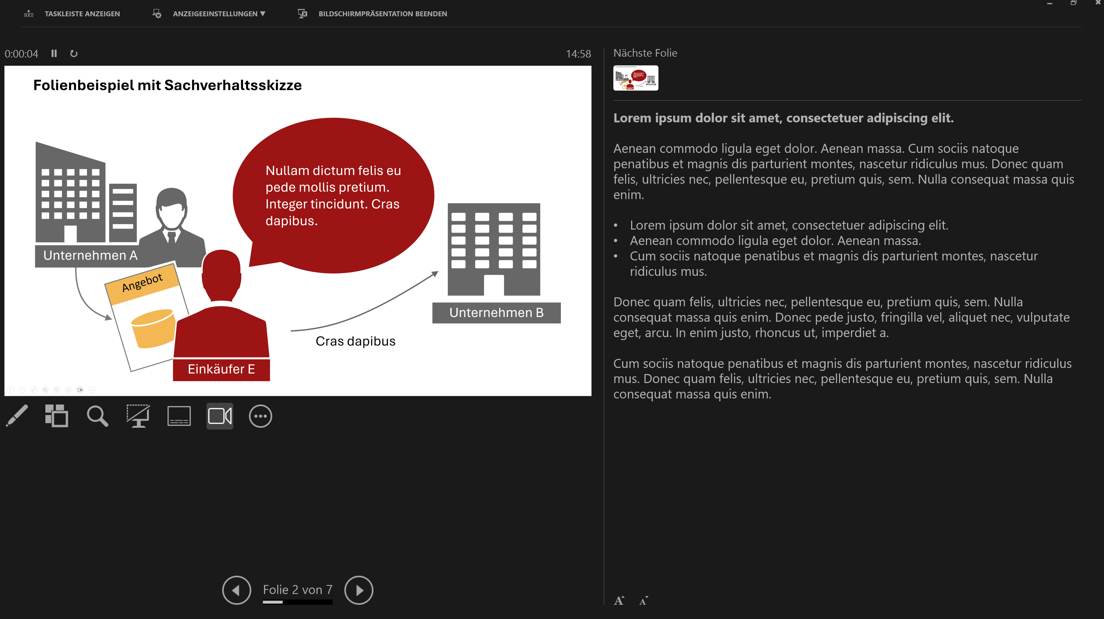 Screenshot der Folie mit der Sachverhaltsskizze in der Referentenansicht; neben der Folie sieht man den Text, der in der Normalansicht unter der Folie stand.