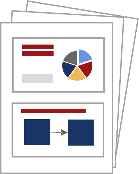 Einfache Grafik mehrerer übereinanderliegender Blätter; auf dem obersten sind zwei visuell gestaltete Folien zu sehen.