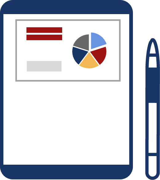Einfache Grafik eines Tablets, auf dem eine Folie mit einem farbigen Tortendiagramm zu sehen ist, darunter eine weiße Fläche. Neben dem Tablet liegt ein digitaler Stift.