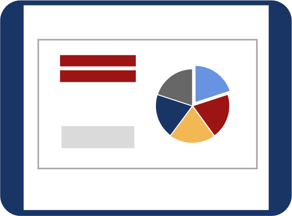 Einfache Grafik eines Tablets, auf dem eine Folie mit einem farbigen Tortendiagramm und etwas Text zu sehen ist