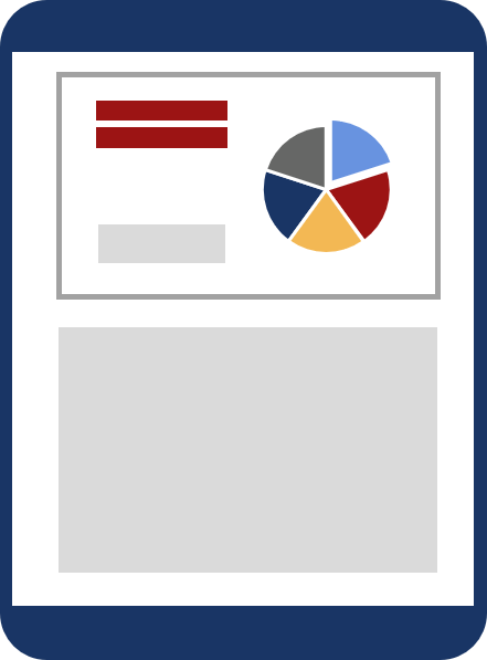 Einfache Grafik eines Tablets, das im Hochformat eine Folie mit einem bunten Tortendiagramm und darunter einen grauen Textblock zeigt.