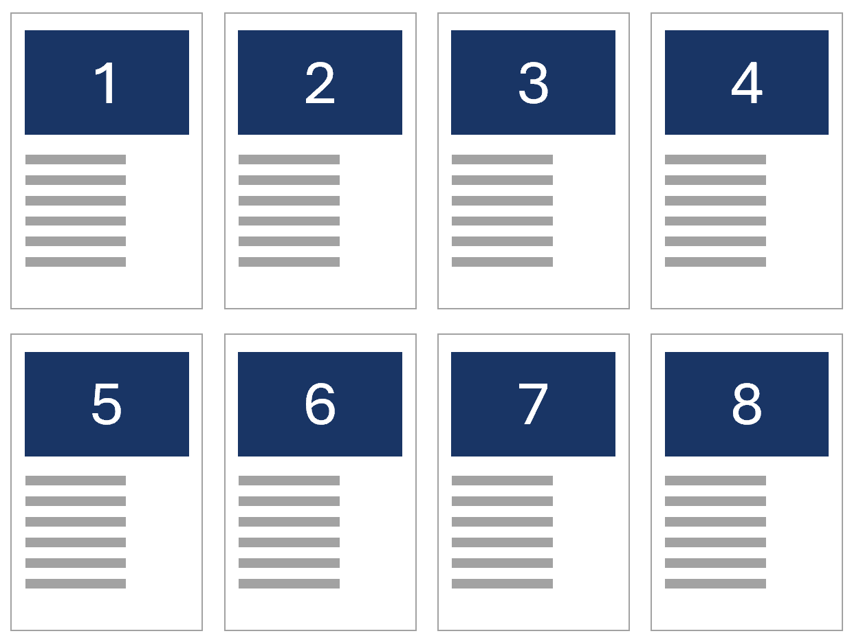 Einfache Grafik mit acht Seiten, die in zwei Viererreihen angeordnet sind. Auf jeder Seite befindet sich ein blaues Rechteck mit einer Ziffer und darunter ein Textblock.