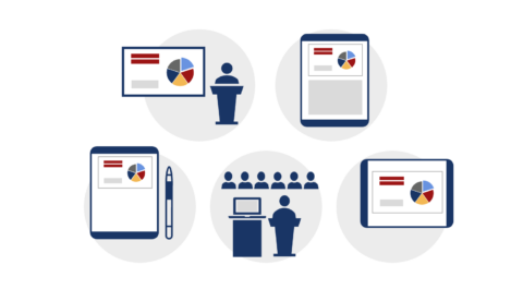 Grafik mit fünf Motiven aus dem Beitrag, die für verschiedene Einsatzszenarien von PowerPoint im Bereich der Wissensvermittlung stehen: Präsentationsfolien, Handouts, Folien mit Notizenfeld, Folien, Vortragsnotizen