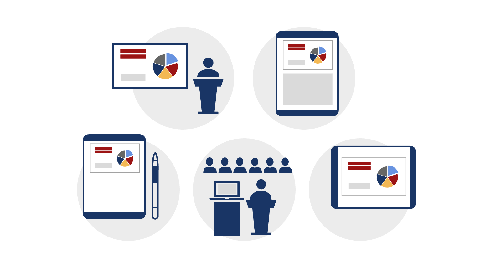 Grafik mit fünf Motiven aus dem Beitrag, die für verschiedene Einsatzszenarien von PowerPoint im Bereich der Wissensvermittlung stehen: Präsentationsfolien, Handouts, Folien mit Notizenfeld, Folien, Vortragsnotizen