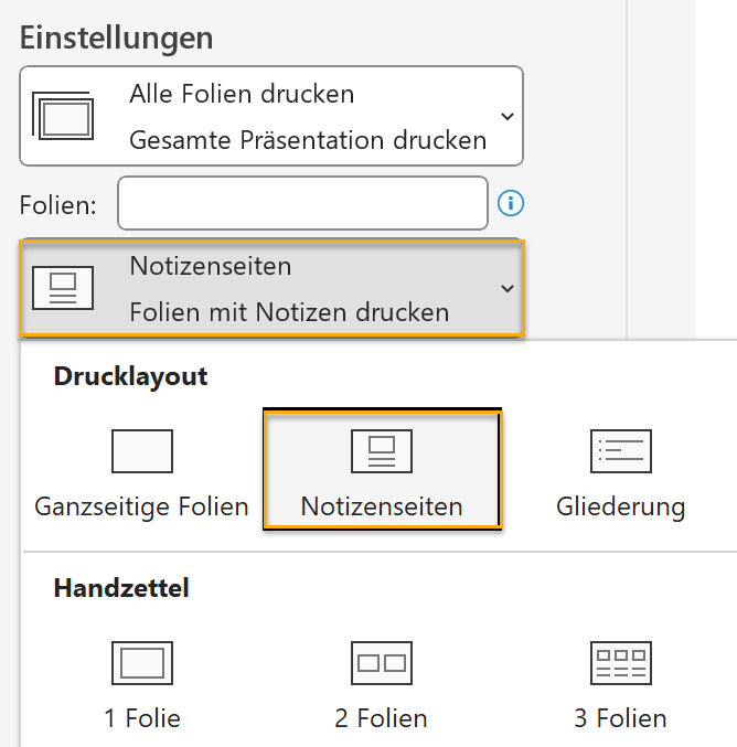 Screenshot des aufgeklappten Menüs für das Drucklayout in den Druckeinstellungen. Markiert ist in der Mitte der ersten Zeile des Menüs das Drucklayout Notizenseiten.