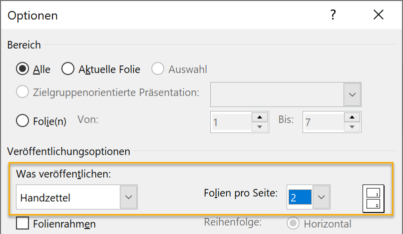 Screenshot PowerPoint: Ausschnitt des Dialogfeldes, über die Optionen für den PDF-Export festgelegt werden. Markiert ist die Einstellung Handzettel und 2 Folien pro Seite bei den Veröffentlichungsoptionen in der Mitte des Dialogfeldes