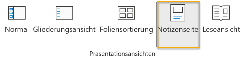 Screenshot der Präsentationsansichten auf der Registerkarte Ansicht in PowerPoint; markiert ist die Ansicht Notizenseite