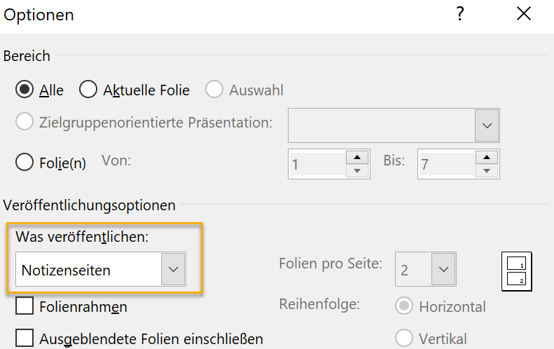 Screenshot PowerPoint: Ausschnitt des Dialogfeldes, über die Optionen für den PDF-Export festgelegt werden. Markiert ist die Einstellung Notizenseiten bei den Veröffentlichungsoptionen in der Mitte des Dialogfeldes