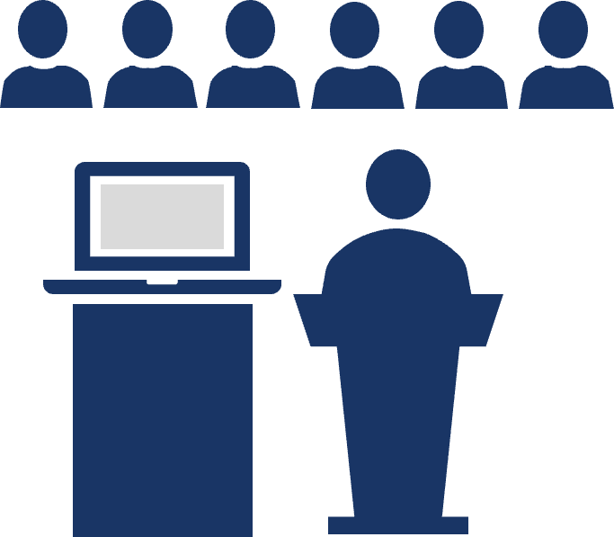 Einfache Grafik einer Person an einem Rednerpult, die vor sich eine Reihe des Publikums sieht. Neben der Person steht ein Tisch mit einem Laptop.