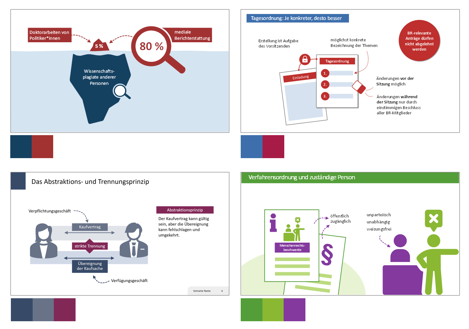 Vier Folienbeispiele von Nicola Pridik in unterschiedlicher Farbgebung. Darunter sind jeweils die verwendeten zwei oder drei Farben der Designfarbpalette platziert.