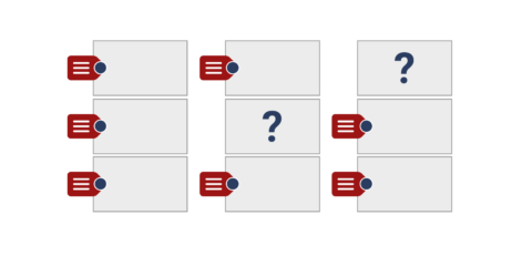 Grafik mit neun Folien, die in drei Zeilen und Spalten angeordnet sind, an sieben Folien hängt ein rotes Etikett mit etwas Text, bei den zwei Folien, an denen kein Etikett hängt, befindet sich ein Fragezeichen auf der Folie