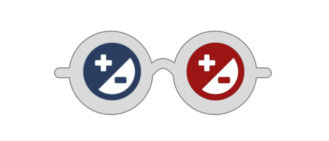 Grafik einer Brille mit runden Gläsern, in denen ein rotes und ein blaues Kontrastsymbol platziert ist