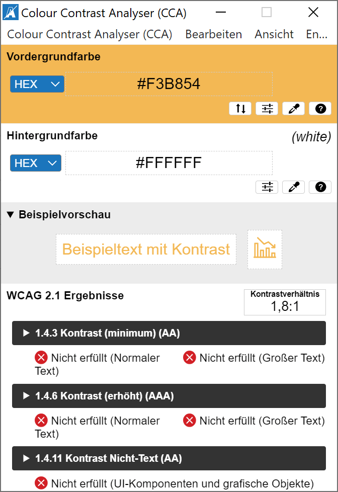 Screenshot des Colour Contrast Analysers; ausgewählt ist als Vordergrundfarbe ein Gelb und als Hintergrundfarbe Weiß. Der Kontrastwert wird mit 1,8:1 angegeben, was keine der WCAG-Anforderungen erfüllt.