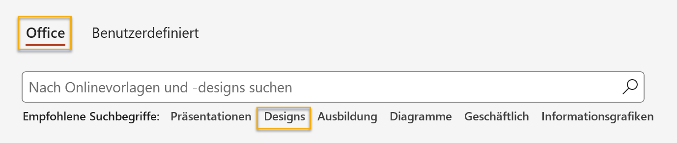 Screenshot PowerPoint: markierter Reiter Office mit einem Suchfenster darunter. Bei den empfohlenen Suchbegriffen unter dem Eingabefeld ist das zweite Wort Designs markiert.