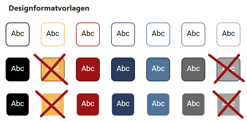 Screenshot der Designformatvorlagen in PowerPoint für eine Beispielfarbpalette. Durchgestrichen sind die Formatvorlagen, bei denen weißer Text sich nicht ausreichend von der Füllfarbe der Form abhebt.