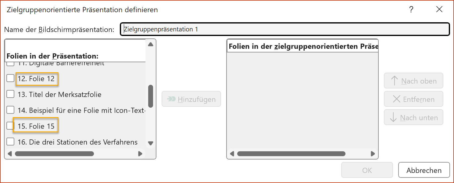 Screenshot des Dialogfeldes Zielgruppenorientierte Präsentation definieren in PowerPoint. Auf der linken Seite gibt es ein Feld, in dem die Titel aller Folien aufgelistet sind. Vor jedem Titel gibt es ein Auswahlkästchen. Bei manchen Folien fehlt der Folientitel. Hier steht nur Folie 12 oder Folie 15 etc.