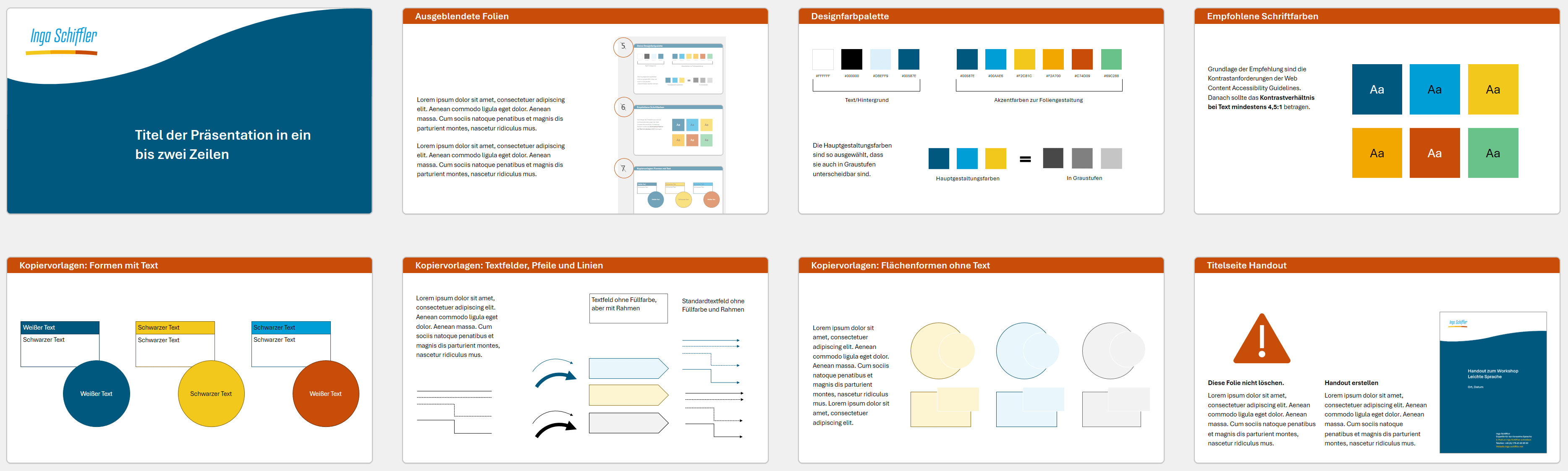 Screenshot der Vorlage von Inga Schiffler in der Foliensortierungsansicht. Zu sehen sind eine Titelfolie und sieben weitere Folien mit roter Titelzeile, die Hinweise zu Farben sowie Kopiervorlagen für Formen, Textfelder, Linien und Pfeile enthalten. Außerdem gibt es eine Folie, die erklärt, was es bedeutet, dass die Folien mit der roten Titelzeile ausgeblendet sind. Eine Folie enthält ein Warndreieck und einen Hinweis auf die Titelseite des Handouts aus den Notizenseiten.