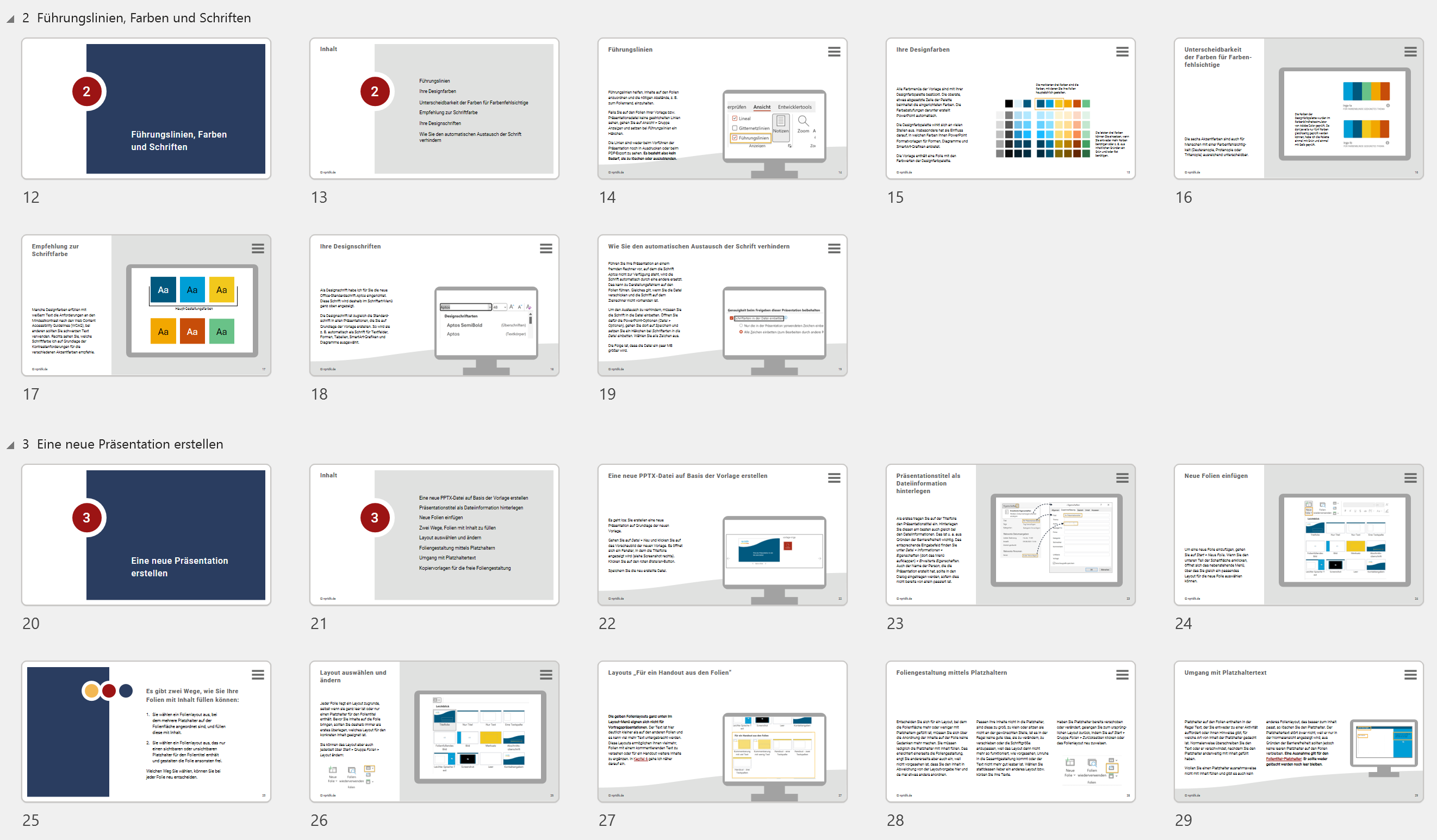 Screenshot: Kapitel 2 und 3 der Anleitung zur PowerPoint-Vorlage in der Foliensortierungsansicht. Die Inhalte sind nicht lesbar, man erhält lediglich einen Eindruck, wie die Seiten des visuellen Dokuments aussehen: wenig Text, jeweils kombiniert mit Screenshots oder anderen Bildern