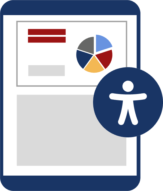 Einfache Grafik eines Tablets, das im Hochformat eine Folie mit einem bunten Tortendiagramm und darunter einen grauen Textblock zeigt. Über dem Tablet liegt ein blauer Punkt mit dem Zeichen für Barrierefreiheit.