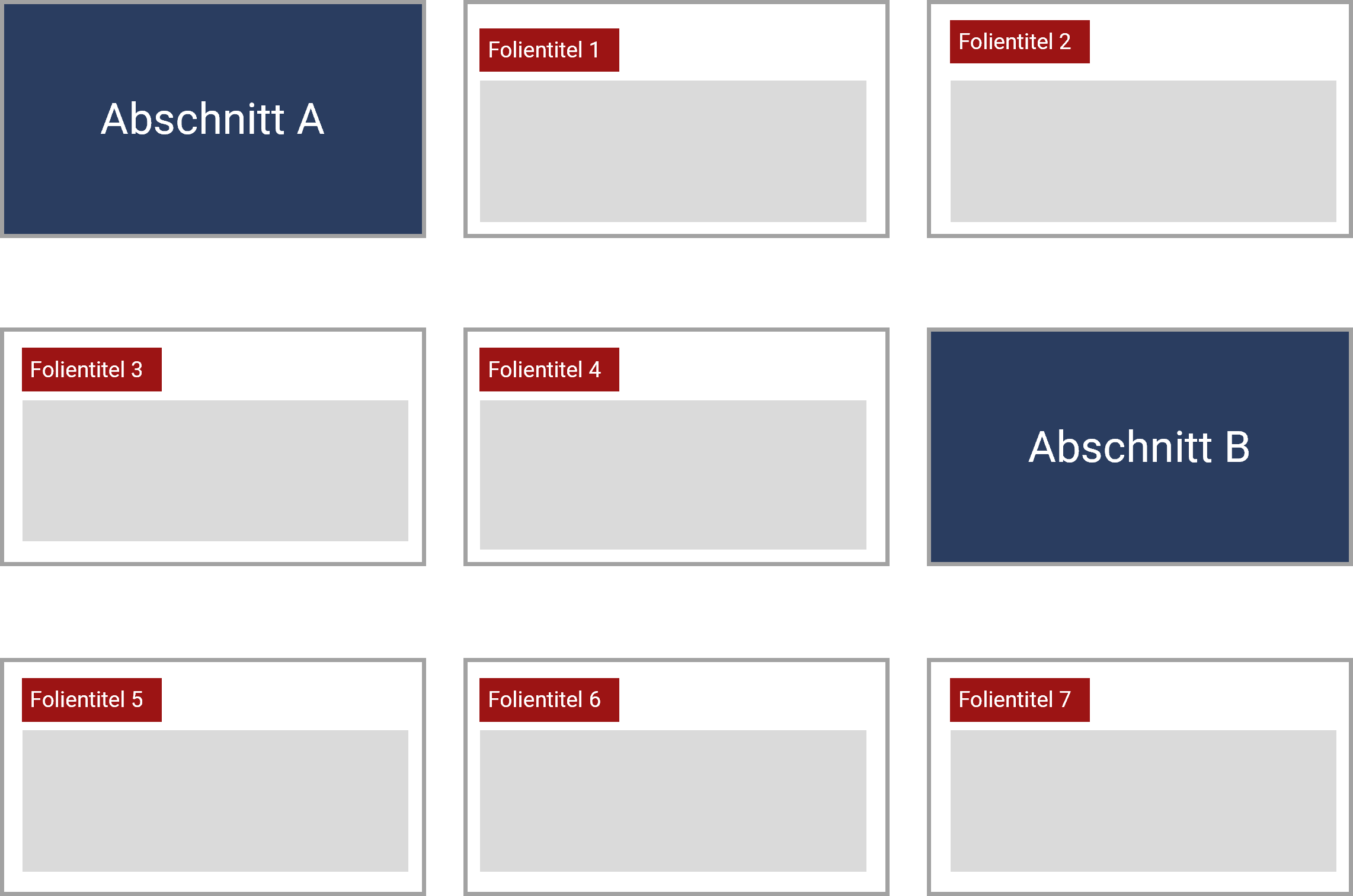 9 stilisierte Folien: zwei Folien sind blau, auf ihnen steht Abschnitt A bzw. Abschnitt B, alle anderen Folien haben einen roten Folientitel. Die Folientitel sind durchnummeriert.