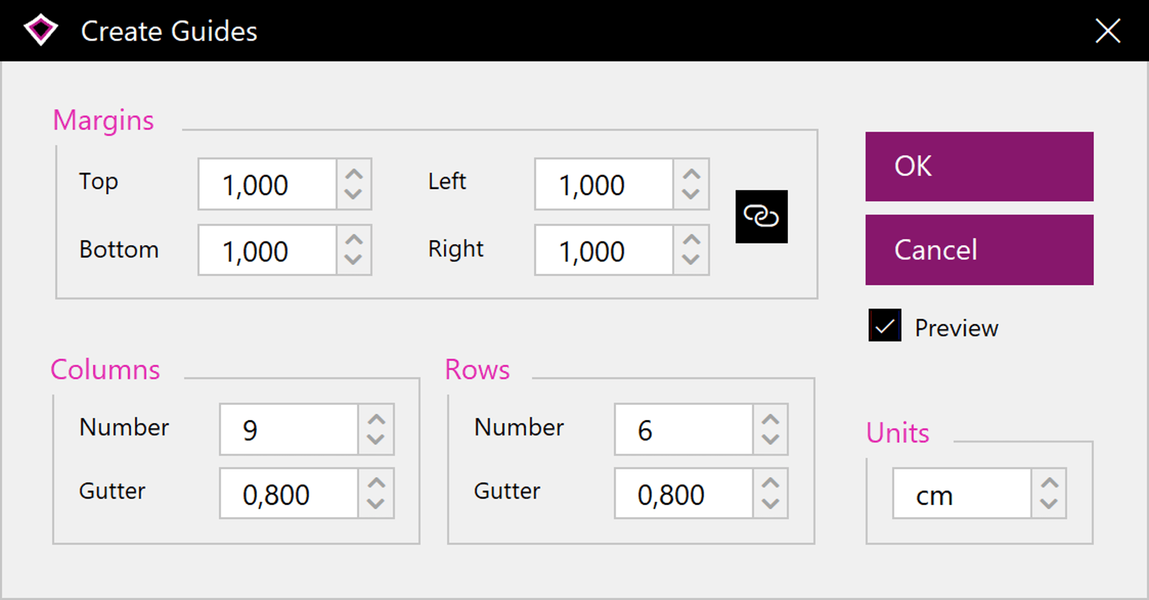 Screenshot des Bright-Slide-Dialogs, in dem die Eigenschaften des Gestaltungsrasters durch Angabe der Zeilen- und Spaltenanzahl sowie der Abstände dazwischen und zum Rand eingestellt werden können