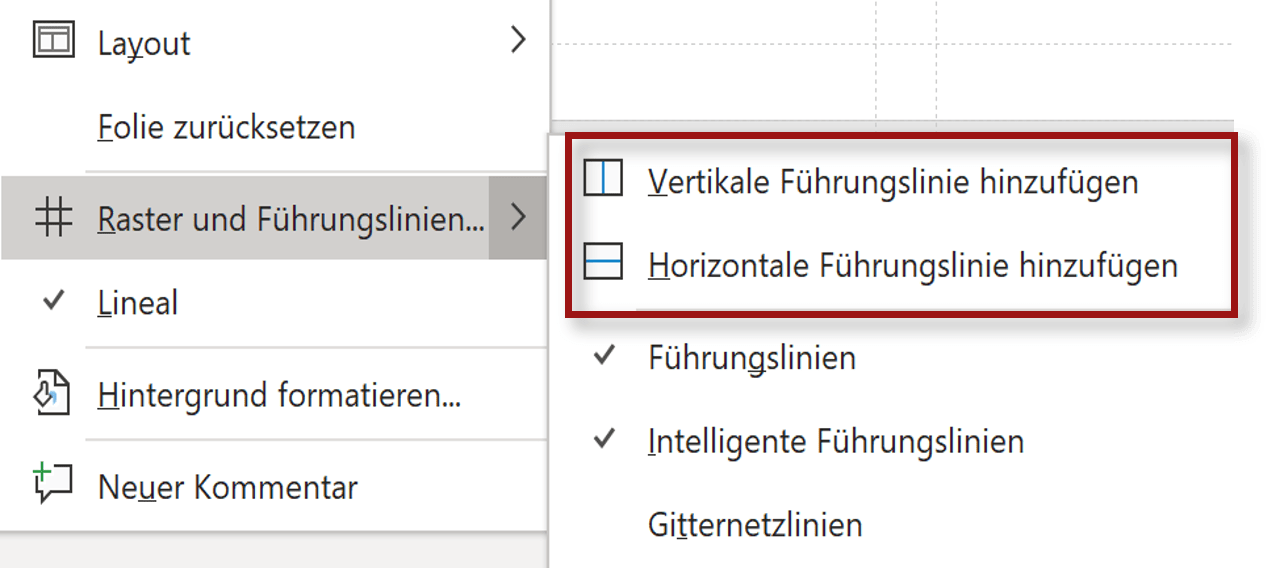 Screenshot mit dem aufgeklappten Menü des Punktes Raster und Führungslinien. Markiert sind die Menüpunkte Vertikale Führungslinie hinzufügen und horizontale Führungslinie hinzufügen