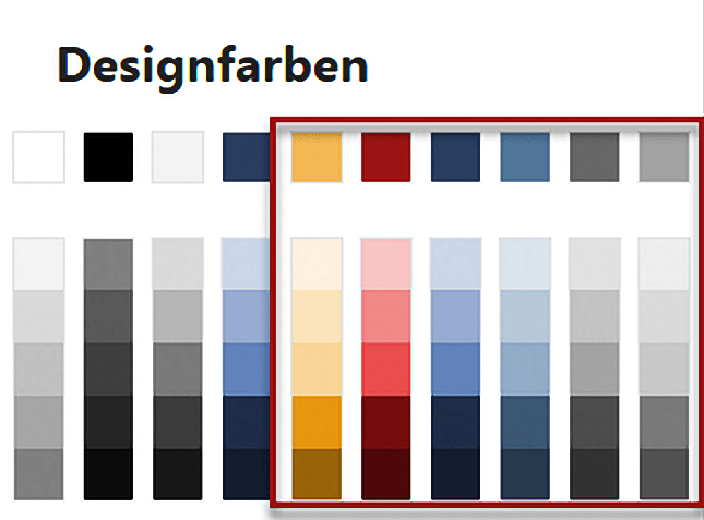 Beispiel einer Designfarbpalette, markiert sind die Farbfelder der letzten sechs Farben