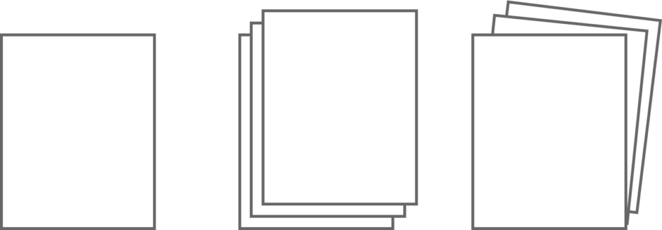 Drei Varianten stilisierter Dokumente aus Rechtecken: ein einfaches Rechteck, ein ordentlich sortierter Stapel aus drei Rechtecken und ein aufgefächerter Stapel aus drei Rechtecken