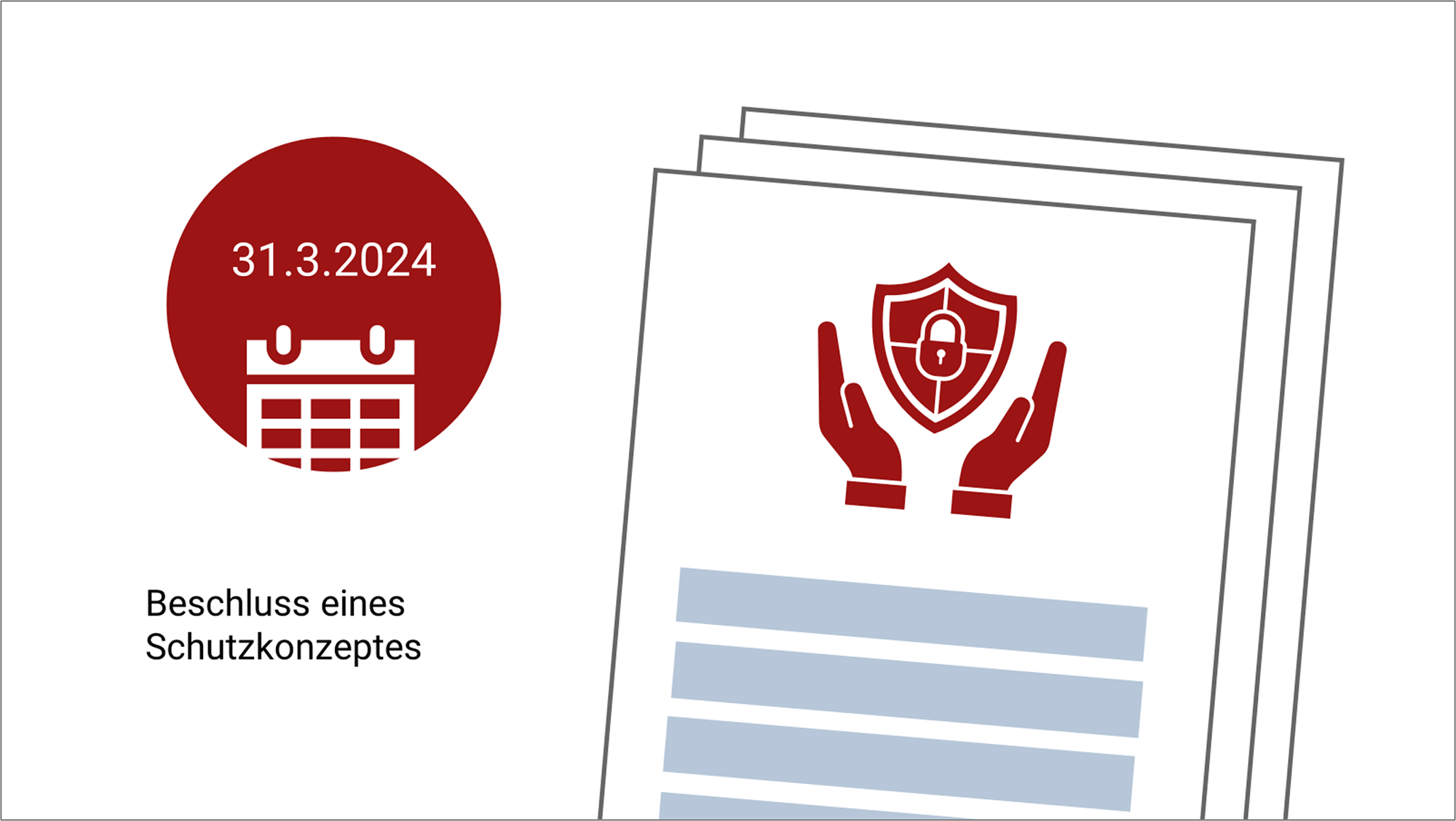 Folien mit dem Titel "Beschluss eines Schutzkonzeptes"; zu sehen ist ein mehrseitiges, am unteren Folienrand angeschnittenes und leicht schräg platziertes Dokument, das gut die Hälfte der Folienfläche füllt. Auf dem Deckblatt befindet sich ein Icon mit zwei Händen und einem Schutzschild mit Vorhängeschloss. Darunter sind einige Linien angedeutet. Neben dem Dokument befindet sich ein roter Punkt mit dem Datum 31.3.2024