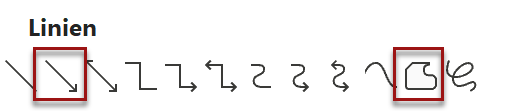 Screenshot PowerPoint: Linienauswahl im Formenmenü. Markiert ist die zweite Linie von links (Verbinder-Pfeil) und die zweite Linie von rechts (Freihandform)